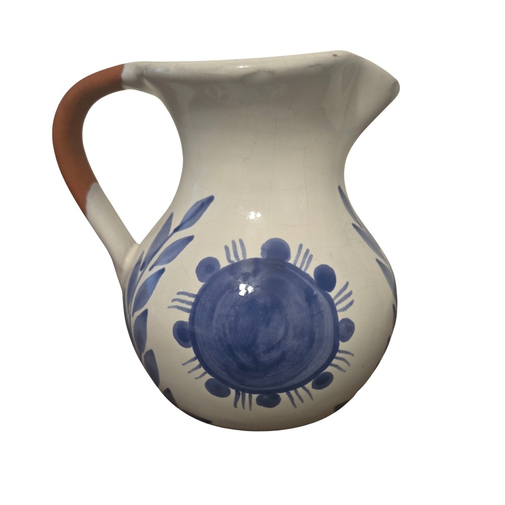 Sto Onofre Portugal Hand Painted Blue Fish Pitcher Terracotta Handle 4.75" - Picture 2 of 7